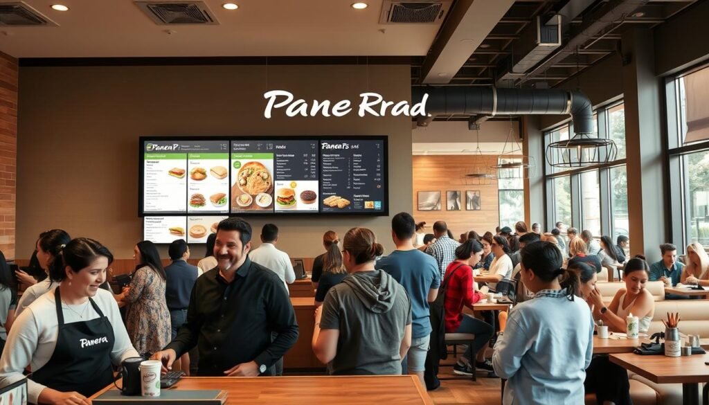 A modern Panera Bread restaurant interior, showcasing a bustling ordering station. In the foreground, a friendly cashier wearing a black apron assists a diverse group of customers, all in casual outfits. The middle view features a large digital menu board displaying various food items like sandwiches, salads, and pastries, with bright images and clear pricing. The background reveals a warm, inviting atmosphere with wooden tables, comfy seating, and customers enjoying their meals. Soft, natural lighting filters through large windows, creating an inviting ambiance. The scene conveys convenience and satisfaction, emphasizing the ordering experience in a contemporary dining environment. A modern Panera Bread restaurant interior, showcasing a bustling ordering station. In the foreground, a friendly cashier wearing a black apron assists a diverse group of customers, all in casual outfits. The middle view features a large digital menu board displaying various food items like sandwiches, salads, and pastries, with bright images and clear pricing. The background reveals a warm, inviting atmosphere with wooden tables, comfy seating, and customers enjoying their meals. Soft, natural lighting filters through large windows, creating an inviting ambiance. The scene conveys convenience and satisfaction, emphasizing the ordering experience in a contemporary dining environment.
