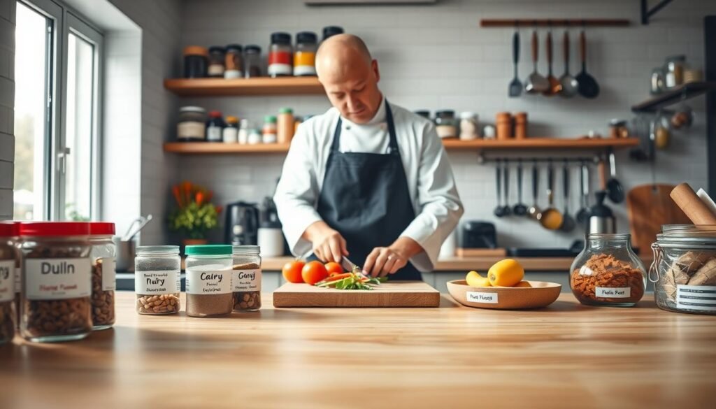 A modern kitchen scene, showcasing a clean and organized workspace focused on allergen safety. In the foreground, a polished wooden countertop with various labeled containers, clearly showing ingredients like nuts, dairy, and gluten-free products. The middle section features a professional chef in a white coat and black apron, carefully inspecting a cutting board with fresh vegetables, ensuring no cross-contact with allergenic items. In the background, colorful spice racks and neatly arranged kitchen utensils on hanging racks add depth. Warm, natural light filters through a nearby window, casting soft shadows that create a welcoming atmosphere. The angle is slightly elevated, providing a comprehensive view of the kitchen setup, emphasizing cleanliness and safety in food preparation.
