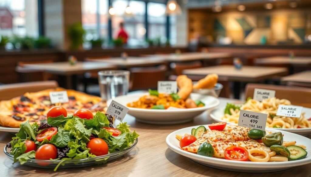 A modern, organized table setting showcasing a variety of Sbarro menu items, such as pizza slices, pasta, and salads, each beautifully plated to highlight their calorie counts in an appealing way. In the foreground, a close-up of a colorful, healthy salad with vibrant greens, cherry tomatoes, and a small note card indicating its calorie content. The middle layer features an array of Sbarro dishes like a hearty pizza slice with melted cheese and a warm garlic bread stick, each tagged with clear calorie data. In the background, a soft-focus restaurant interior with warm lighting creates an inviting atmosphere, emphasizing a nutritious dining experience. The overall mood is confident and health-conscious, perfect for meal planning, captured with a slight depth of field for an engaging visual impact.