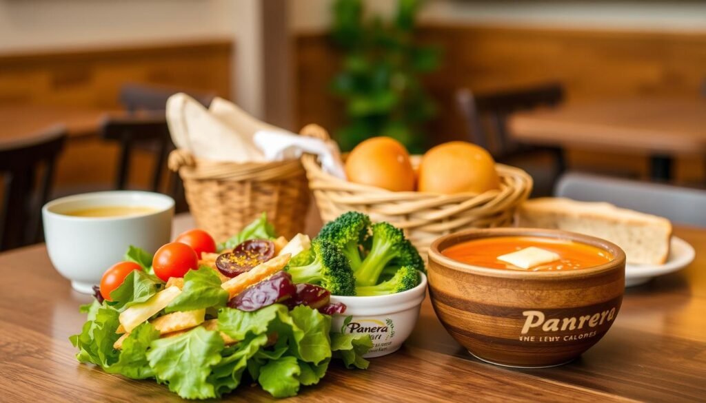 A neatly arranged table featuring a variety of low-calorie dishes from Panera Bread, each visually appealing and clearly under 150 calories. In the foreground, a colorful salad with vibrant greens, cherry tomatoes, and a light dressing; next to it, a small bowl of steamed broccoli with a sprinkle of lemon zest; a cup of creamy tomato soup in a rustic bowl; and a slice of whole-grain bread with a small pat of butter. In the middle ground, an artisan bread basket with small rolls, all artfully displayed. The background softly blurs into a warm café atmosphere with natural wood accents and soft, diffused lighting, creating a welcoming and healthy vibe. The overall mood is fresh and inviting, emphasizing the nutritious quality of the food. A neatly arranged table featuring a variety of low-calorie dishes from Panera Bread, each visually appealing and clearly under 150 calories. In the foreground, a colorful salad with vibrant greens, cherry tomatoes, and a light dressing; next to it, a small bowl of steamed broccoli with a sprinkle of lemon zest; a cup of creamy tomato soup in a rustic bowl; and a slice of whole-grain bread with a small pat of butter. In the middle ground, an artisan bread basket with small rolls, all artfully displayed. The background softly blurs into a warm café atmosphere with natural wood accents and soft, diffused lighting, creating a welcoming and healthy vibe. The overall mood is fresh and inviting, emphasizing the nutritious quality of the food.