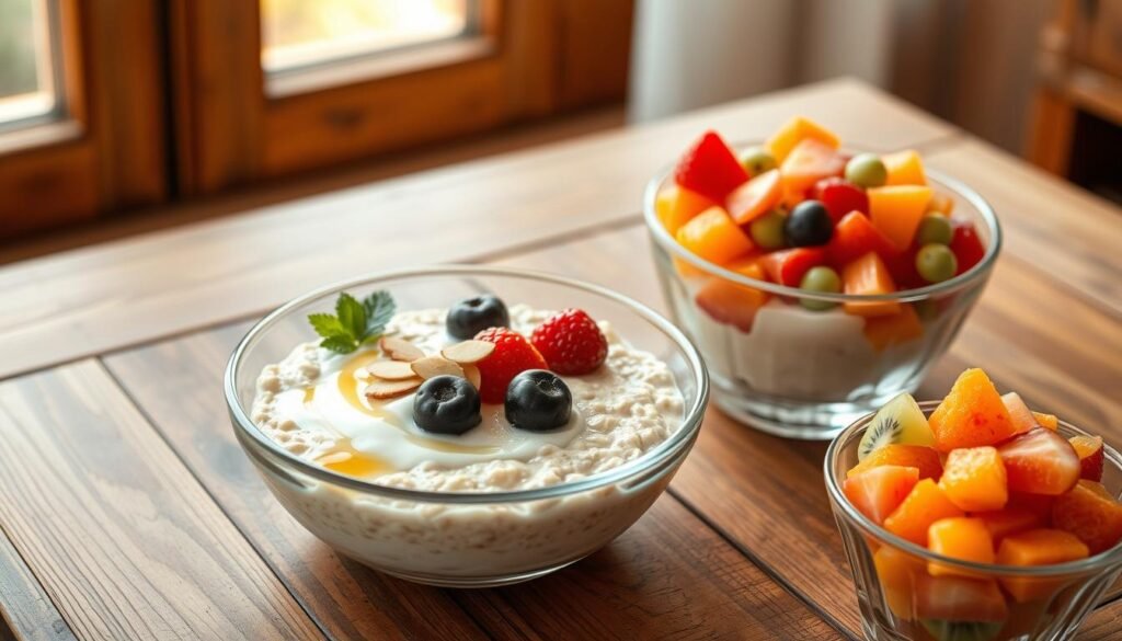 A rustic wooden table serves as the backdrop for a wholesome breakfast scene featuring a beautifully styled bowl of creamy oatmeal topped with fresh berries and a drizzle of honey. Beside it, a generous serving of thick Greek yogurt sits in a clear glass dish, garnished with sliced almonds and a sprig of mint. In the background, soft morning light filters through a nearby window, casting a warm golden glow across the table. A colorful fruit cup filled with vibrant diced fruits—kiwi, oranges, and strawberries—completes the arrangement, evoking a sense of freshness and health. The atmosphere is inviting and serene, perfect for a lighter breakfast. The composition should be captured from a slightly elevated angle, showcasing the textures and colors of the food. A rustic wooden table serves as the backdrop for a wholesome breakfast scene featuring a beautifully styled bowl of creamy oatmeal topped with fresh berries and a drizzle of honey. Beside it, a generous serving of thick Greek yogurt sits in a clear glass dish, garnished with sliced almonds and a sprig of mint. In the background, soft morning light filters through a nearby window, casting a warm golden glow across the table. A colorful fruit cup filled with vibrant diced fruits—kiwi, oranges, and strawberries—completes the arrangement, evoking a sense of freshness and health. The atmosphere is inviting and serene, perfect for a lighter breakfast. The composition should be captured from a slightly elevated angle, showcasing the textures and colors of the food.