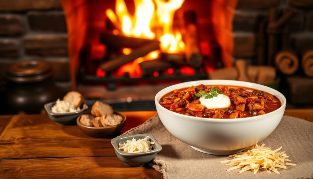 A rustic wooden table set against a cozy fireside background, warmly illuminated by flickering flames. In the foreground, a large, vibrant bowl of hearty fireside chili showcases tender chunks of beans and meat, topped with fresh cilantro and a dollop of sour cream. The chili's rich, red hue contrasts with the white bowl, creating an inviting focal point. Surrounding the bowl, small side dishes of crusty bread and shredded cheese add texture. In the middle ground, a roaring fireplace with glowing embers and logs enhances the warmth of the scene. Gentle shadows dance across the table, casting a comforting atmosphere. Capture the scene from a slightly elevated angle, emphasizing the bowl and the textures around it, evoking feelings of home and warmth. A rustic wooden table set against a cozy fireside background, warmly illuminated by flickering flames. In the foreground, a large, vibrant bowl of hearty fireside chili showcases tender chunks of beans and meat, topped with fresh cilantro and a dollop of sour cream. The chili's rich, red hue contrasts with the white bowl, creating an inviting focal point. Surrounding the bowl, small side dishes of crusty bread and shredded cheese add texture. In the middle ground, a roaring fireplace with glowing embers and logs enhances the warmth of the scene. Gentle shadows dance across the table, casting a comforting atmosphere. Capture the scene from a slightly elevated angle, emphasizing the bowl and the textures around it, evoking feelings of home and warmth.
