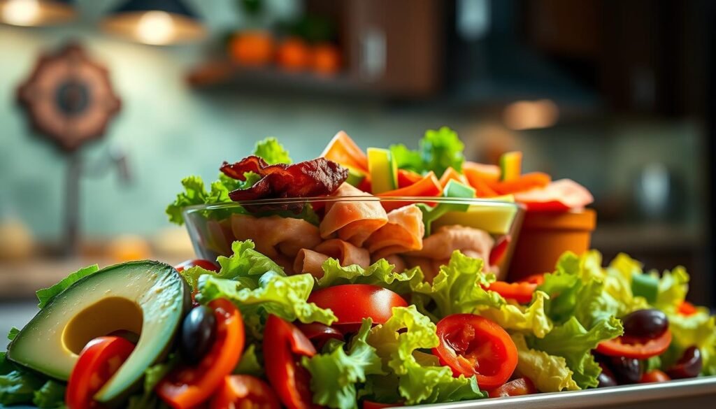 A tantalizing close-up of a Jersey Mike's Sub in a Tub, showcasing a vibrant assortment of fresh, colorful ingredients arranged artistically without bread. In the foreground, creamy avocado slices, crisp lettuce, juicy tomatoes, and deli meats display a lush array of textures and contrasts. The middle layer features a clear, elegant bowl filled with this hearty fare, highlighting the absence of bread while emphasizing the rich textures. In the background, a soft-focus kitchen setting with warm, inviting lighting creates a cozy atmosphere, inviting viewers to imagine the flavor experience. The image is captured at a slight angle, using a shallow depth of field to draw attention to the vibrant tub while maintaining a clean and professional feel. The overall mood is appetizing and intriguing, emphasizing the unique aspect of enjoying the sub without bread.