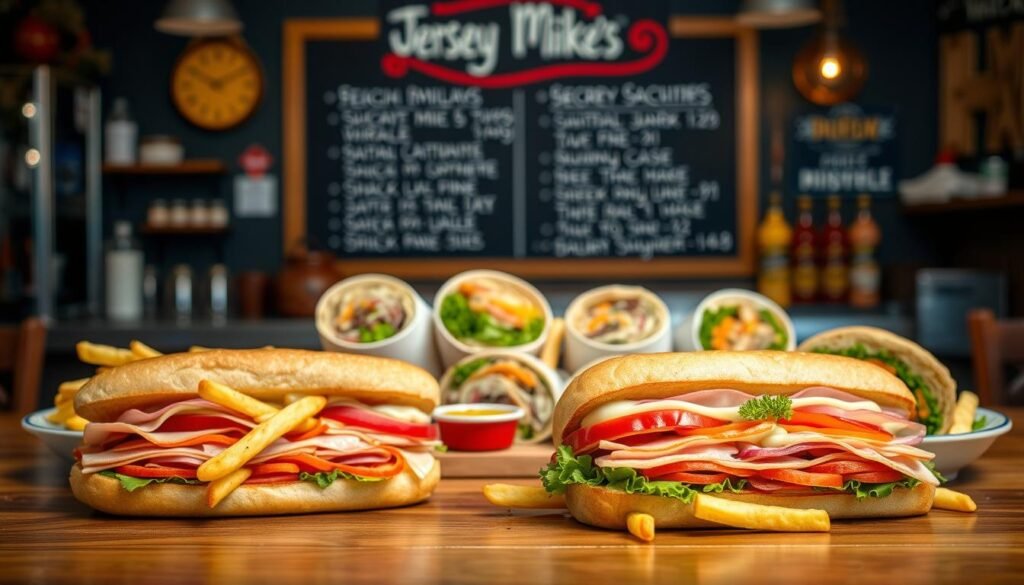 A vibrant and appetizing display of Jersey Mike's secret menu items, artistically arranged on a wooden table. In the foreground, showcase a delicious sub sandwich featuring layers of fresh deli meats, cheeses, and colorful vegetables, all beautifully stacked. Place a side of crispy, golden fries sprinkled with herbs beside the sandwich. In the middle ground, include a selection of mouth-watering wraps and specialty sandwiches, with sauces glistening under warm, ambient lighting. The background should be a cozy deli setting, with vintage decor and a chalkboard listing the hidden menu items. Use a shallow depth of field to create an inviting atmosphere, with soft focus on the background to draw attention to the food. The overall mood should be warm and enticing, perfect for food enthusiasts. A vibrant and appetizing display of Jersey Mike's secret menu items, artistically arranged on a wooden table. In the foreground, showcase a delicious sub sandwich featuring layers of fresh deli meats, cheeses, and colorful vegetables, all beautifully stacked. Place a side of crispy, golden fries sprinkled with herbs beside the sandwich. In the middle ground, include a selection of mouth-watering wraps and specialty sandwiches, with sauces glistening under warm, ambient lighting. The background should be a cozy deli setting, with vintage decor and a chalkboard listing the hidden menu items. Use a shallow depth of field to create an inviting atmosphere, with soft focus on the background to draw attention to the food. The overall mood should be warm and enticing, perfect for food enthusiasts.