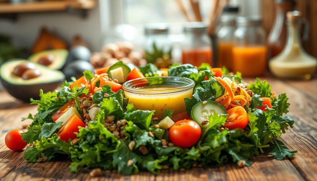 A vibrant and colorful salad overflowing with fresh ingredients, placed prominently in the foreground on a rustic wooden table. The salad features a variety of greens like kale and spinach, topped with cherry tomatoes, sliced cucumbers, shredded carrots, and a sprinkle of seeds and nuts for added texture. In the middle, a small glass bowl holds a light vinaigrette dressing, glistening under bright, natural sunlight. In the background, softly blurred ingredients like avocados and various dressings create a warm atmosphere in a cozy kitchen setting. The scene conveys a sense of health and vitality, with a warm glow enhancing the freshness of the salad. Capture this image from a slightly elevated angle to emphasize the vibrant details and textures of the ingredients, while maintaining a clean and professional look.