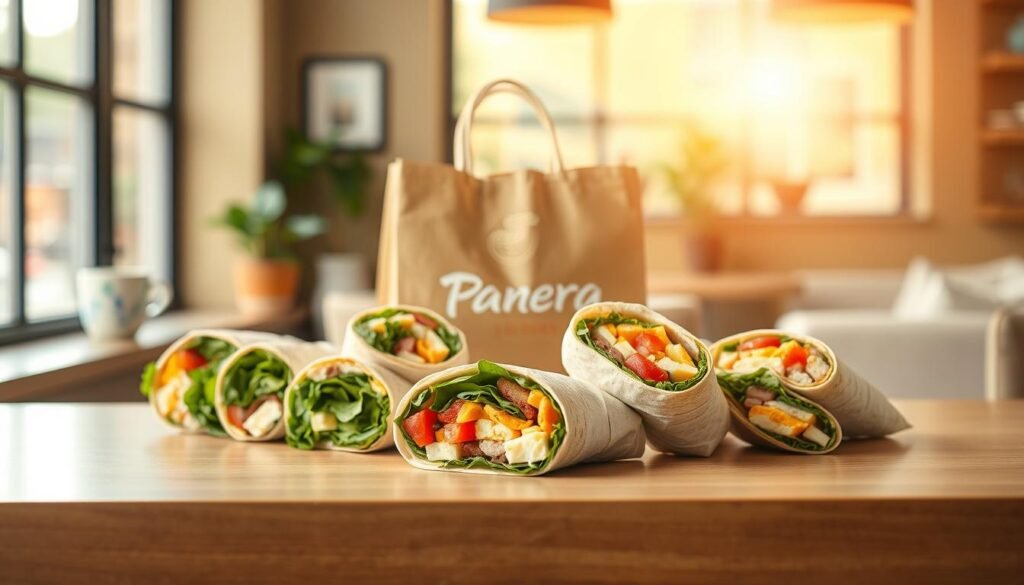 A vibrant, appealing scene showcasing a variety of breakfast wraps placed on a sleek, wooden table. In the foreground, the wraps are neatly arranged, colorful fillings visible—such as fresh spinach, eggs, tomatoes, and cheese, each wrap perfectly rolled and cut in half to reveal their delicious contents. The middle ground features a stylish grab-and-go bag with the Panera Bread logo, emphasizing convenience. In the background, warm, soft lighting from a window creates a cozy atmosphere, enhancing the breakfast theme. A blurred café setting is visible, with fresh coffee mugs and potted plants, inviting a sense of comfort and leisure. The overall mood is energizing and welcoming, perfect for a busy morning. A vibrant, appealing scene showcasing a variety of breakfast wraps placed on a sleek, wooden table. In the foreground, the wraps are neatly arranged, colorful fillings visible—such as fresh spinach, eggs, tomatoes, and cheese, each wrap perfectly rolled and cut in half to reveal their delicious contents. The middle ground features a stylish grab-and-go bag with the Panera Bread logo, emphasizing convenience. In the background, warm, soft lighting from a window creates a cozy atmosphere, enhancing the breakfast theme. A blurred café setting is visible, with fresh coffee mugs and potted plants, inviting a sense of comfort and leisure. The overall mood is energizing and welcoming, perfect for a busy morning.
