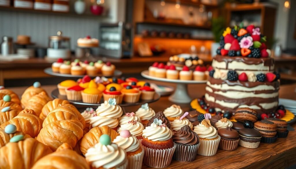 A vibrant bakery display featuring an array of exquisite pastries, cakes, and dessert platters. In the foreground, showcase golden-brown croissants, delicate macarons in pastel colors, and elegantly frosted cupcakes with whimsical toppings. The middle ground features a round dessert platter overflowing with assorted fruit tarts, rich chocolate eclairs, and a stunning, multi-layered cake adorned with fresh berries and edible flowers. The background can include a rustic wooden table and a softly lit bakery setting with warm, inviting lighting creating a cozy atmosphere. Use a shallow depth of field to draw attention to the pastries while keeping the background slightly blurred. The overall mood should feel festive and indulgent, highlighting the joy and satisfaction of enjoying fresh bakery goods.