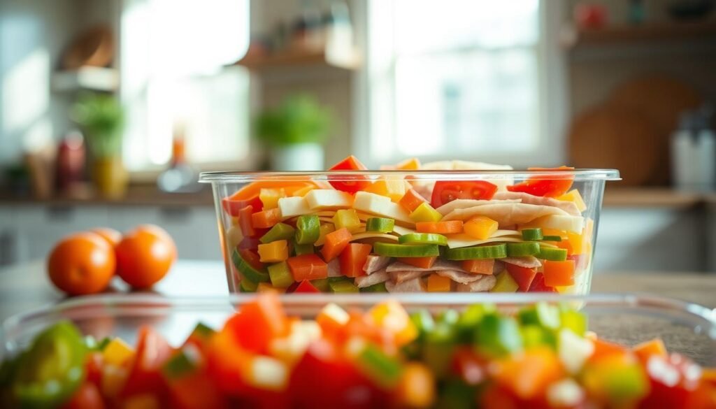 A vibrant, close-up view of a colorful Jersey Mike's Sub in a Tub, showcasing fresh ingredients. In the foreground, a delicious array of diced vegetables like tomatoes, lettuce, and bell peppers is artfully arranged alongside sliced meats and cheeses, reflecting a nutritious meal. In the middle ground, a transparent container displays the Sub Tub filled with the layers of ingredients, emphasizing a healthy balance of calories, proteins, carbs, and fats. The background features a subtle kitchen setting with soft, natural lighting that creates a warm and inviting atmosphere. A shallow depth of field blurs the kitchen slightly, keeping the focus on the Sub Tub. The overall mood conveys healthiness and satisfaction, aligning with the theme of nutrition.