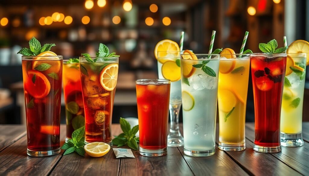 A vibrant display of assorted teas and lemonades arranged elegantly on a rustic wooden table. In the foreground, a variety of colorful iced teas with fresh mint leaves and citrus slices, showcasing hues of amber, ruby red, and deep green. Beside them, tall glasses of refreshing lemonades, garnished with lemon wedges and sprigs of basil, radiate a sunny, inviting glow. In the middle, a few scattered herbal tea bags and loose leaf tea blends add texture. The background features a softly blurred café setting with warm, ambient lighting that creates an inviting atmosphere, hinting at a cozy place to relax. The angle captures the essence of a refreshing drink experience, with sunlight filtering through, enhancing the colors and making the beverages look even more refreshing.