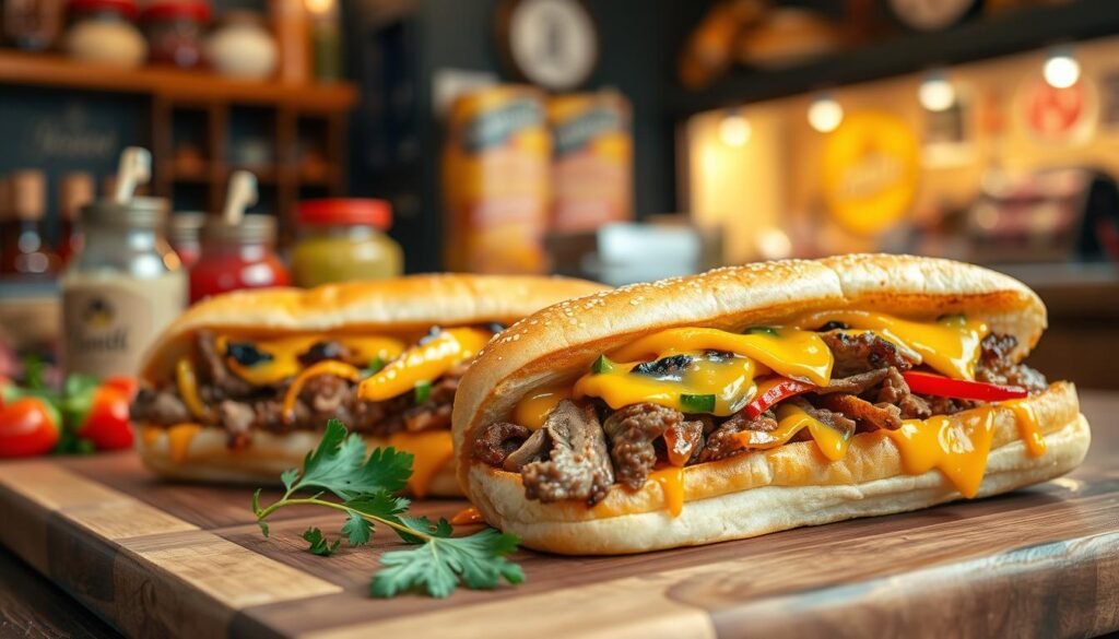 A vibrant display of delicious hot cheesesteak subs, prominently featured in the foreground, glistening with melted cheese and grilled vegetables, placed on a wooden cutting board. The middle ground shows a rustic deli setting, with jars of condiments and fresh ingredients like peppers, onions, and meats arranged artfully, evoking a sense of freshness. The background is softly blurred, giving a cozy atmosphere with warm ambient lighting and hints of red and yellow accents typical of a sandwich shop. Capture the image from a slightly elevated angle to highlight the textures of the subs, while maintaining a mouthwatering appeal. The overall mood is inviting and appetizing, emphasizing the indulgence of a hot sub meal while subtly hinting at careful nutritional choices. A vibrant display of delicious hot cheesesteak subs, prominently featured in the foreground, glistening with melted cheese and grilled vegetables, placed on a wooden cutting board. The middle ground shows a rustic deli setting, with jars of condiments and fresh ingredients like peppers, onions, and meats arranged artfully, evoking a sense of freshness. The background is softly blurred, giving a cozy atmosphere with warm ambient lighting and hints of red and yellow accents typical of a sandwich shop. Capture the image from a slightly elevated angle to highlight the textures of the subs, while maintaining a mouthwatering appeal. The overall mood is inviting and appetizing, emphasizing the indulgence of a hot sub meal while subtly hinting at careful nutritional choices.