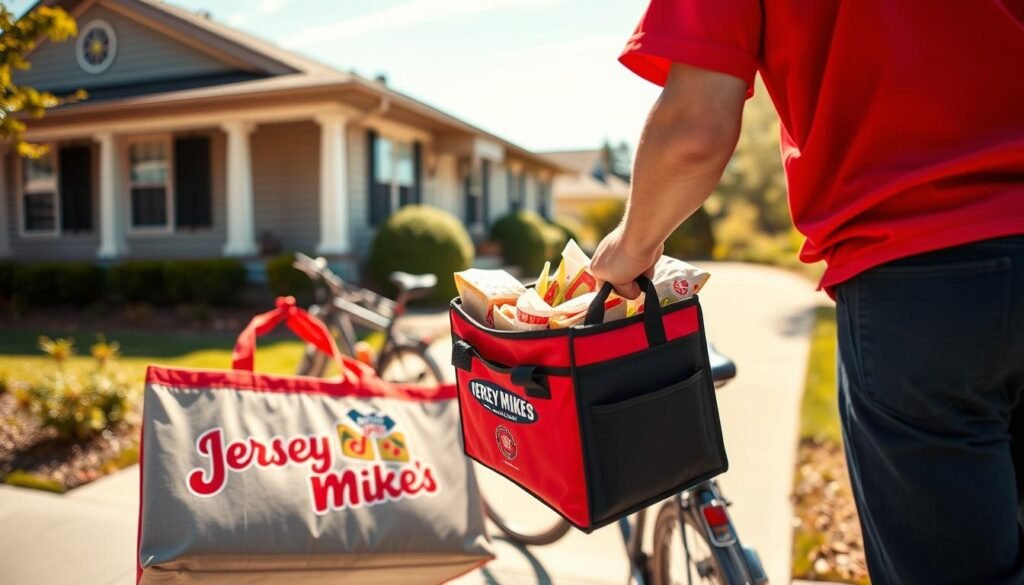 A vibrant, inviting scene depicting a Jersey Mike's sandwich delivery in action. In the foreground, a delivery driver in a red Jersey Mike's shirt, smiling as they hold a large insulated delivery bag filled with fresh sandwiches and sides. The middle ground features a stylish food delivery bike parked beside a cozy suburban home with a porch. The background showcases a clear blue sky and well-manicured lawns to convey a sense of community. Soft, warm lighting creates an uplifting and friendly atmosphere. The focus is on the excitement of a meal being delivered, evoking a feeling of convenience and satisfaction.