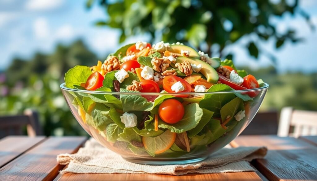 A vibrant, tantalizing salad arranged elegantly in a large, clear glass bowl, centered in the foreground. The salad features a colorful mix of crunchy romaine and baby spinach leaves, topped with bright cherry tomatoes, sliced cucumbers, shredded carrots, and avocado slices. A sprinkling of walnuts and crumbled feta adds texture and richness. Drizzled with a light vinaigrette, the ingredients glisten under soft, natural lighting that enhances their freshness. In the middle ground, a wooden table adorned with a rustic cloth complements the salad, while a blurred background features lush greenery and blue skies, evoking a sense of outdoor dining. The overall mood is inviting and fresh, ideal for a health-conscious audience. The image is devoid of any text or branding. A vibrant, tantalizing salad arranged elegantly in a large, clear glass bowl, centered in the foreground. The salad features a colorful mix of crunchy romaine and baby spinach leaves, topped with bright cherry tomatoes, sliced cucumbers, shredded carrots, and avocado slices. A sprinkling of walnuts and crumbled feta adds texture and richness. Drizzled with a light vinaigrette, the ingredients glisten under soft, natural lighting that enhances their freshness. In the middle ground, a wooden table adorned with a rustic cloth complements the salad, while a blurred background features lush greenery and blue skies, evoking a sense of outdoor dining. The overall mood is inviting and fresh, ideal for a health-conscious audience. The image is devoid of any text or branding.