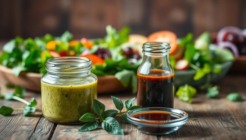 A visually appealing arrangement of various salad dressings elegantly displayed. In the foreground, a clear glass jar filled with vibrant green Goddess dressing sits beside a small dish of rich balsamic vinaigrette, showcasing both textures and colors. A sprig of fresh herbs, like basil and parsley, adds a touch of freshness beside the jars. The middle layer features a rustic wooden table, subtly accentuating the organic feel of the salads. In the background, soft-focus images of fresh salads, including leafy greens and colorful vegetables, create a bokeh effect that emphasizes the dressings. Warm, natural lighting bathes the scene, giving it a welcoming, appetizing atmosphere. The angle is slightly overhead, inviting viewers into the fresh and flavorful world of salad dressings.
