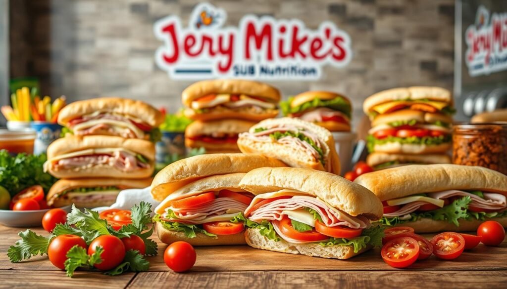 A visually appealing display of popular menu items from Jersey Mike's Subs, featuring a variety of freshly prepared sandwiches showcasing colorful ingredients like turkey, ham, lettuce, tomatoes, and cheese. In the foreground, a cheerful array of subs stacked on a rustic wooden table with fresh vegetables and condiments artfully arranged around them. In the middle, a close-up of a sandwich being sliced in half, revealing its delicious filling, with a soft focus on the background highlighting Jersey Mike's logo subtly painted on a wall. Bright, natural lighting enhances the vibrant colors of the ingredients, creating an inviting atmosphere. The scene captures the essence of budget-friendly nutrition with wholesome, appealing food, designed to entice viewers while emphasizing delicious choices. A visually appealing display of popular menu items from Jersey Mike's Subs, featuring a variety of freshly prepared sandwiches showcasing colorful ingredients like turkey, ham, lettuce, tomatoes, and cheese. In the foreground, a cheerful array of subs stacked on a rustic wooden table with fresh vegetables and condiments artfully arranged around them. In the middle, a close-up of a sandwich being sliced in half, revealing its delicious filling, with a soft focus on the background highlighting Jersey Mike's logo subtly painted on a wall. Bright, natural lighting enhances the vibrant colors of the ingredients, creating an inviting atmosphere. The scene captures the essence of budget-friendly nutrition with wholesome, appealing food, designed to entice viewers while emphasizing delicious choices.