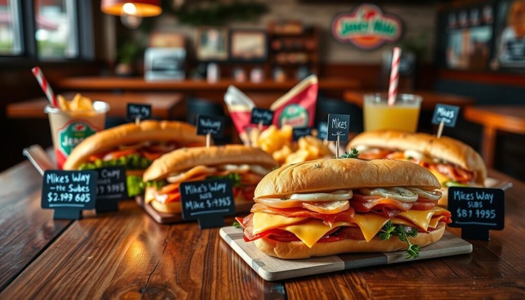 A visually appealing overhead shot of a rustic wood table showcasing a variety of colorful sandwiches and side items representing Jersey Mike's secret menu, with small chalkboard price tags next to each item. The foreground features a deliciously stacked sub with melted cheese, fresh vegetables, and meats, garnished with herbs. In the middle, display various menu items like the "Mike's Way" subs, a side of chips, and a drink, all arranged in an inviting manner. The background includes a softly blurred cozy restaurant setting, with warm lighting that gives off a friendly and inviting atmosphere. Use a shallow depth of field to focus on the food while creating a vibrant, appetizing mood. A visually appealing overhead shot of a rustic wood table showcasing a variety of colorful sandwiches and side items representing Jersey Mike's secret menu, with small chalkboard price tags next to each item. The foreground features a deliciously stacked sub with melted cheese, fresh vegetables, and meats, garnished with herbs. In the middle, display various menu items like the "Mike's Way" subs, a side of chips, and a drink, all arranged in an inviting manner. The background includes a softly blurred cozy restaurant setting, with warm lighting that gives off a friendly and inviting atmosphere. Use a shallow depth of field to focus on the food while creating a vibrant, appetizing mood.
