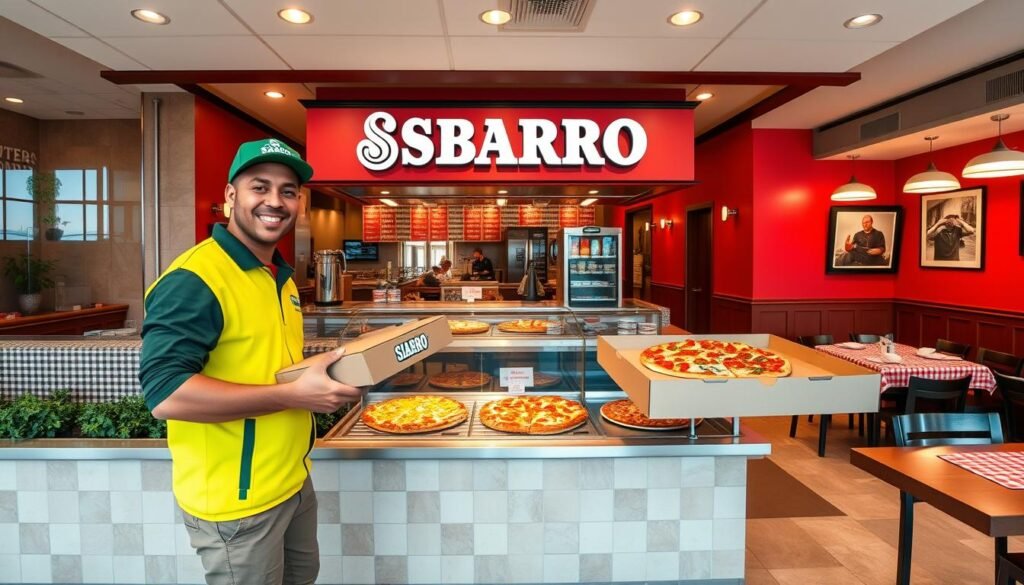 A welcoming and bustling Sbarro Pizza delivery location, designed with a vibrant, inviting atmosphere. In the foreground, a friendly delivery person dressed in a bright Sbarro uniform holds a pizza box, ready to deliver a delicious meal to a customer. In the middle, a well-organized counter showcases an array of pizzas, featuring various toppings, amidst a backdrop of warm colors and soft ambient lighting that enhances the inviting environment. The background reveals a spacious dining area with classic Italian decor, including checkered tablecloths and rustic wooden furniture. The angle captures the scene from slightly above, giving a comprehensive view of the delivery operation while evoking a sense of community and comfort, suitable for enjoying pizza anytime.