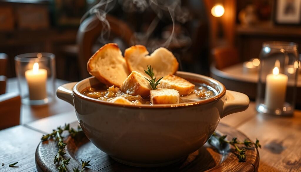 In a cozy bistro setting, a bowl of rich, savory French onion soup is the centerpiece, elegantly presented on a rustic wooden table. The soup, steaming gently, showcases layers of caramelized onions swimming in a dark, flavorful broth, topped with a melting layer of gooey Gruyère cheese and sprinkled with crispy, golden-brown croutons. Surrounding the bowl, a few fresh sprigs of thyme add a touch of color. Soft, warm lighting casts a comforting glow over the scene, creating an inviting atmosphere. The background features blurred hints of a bistro ambiance, such as wooden beams and flickering candles, enhancing the overall warmth and charm of this classic dish. In a cozy bistro setting, a bowl of rich, savory French onion soup is the centerpiece, elegantly presented on a rustic wooden table. The soup, steaming gently, showcases layers of caramelized onions swimming in a dark, flavorful broth, topped with a melting layer of gooey Gruyère cheese and sprinkled with crispy, golden-brown croutons. Surrounding the bowl, a few fresh sprigs of thyme add a touch of color. Soft, warm lighting casts a comforting glow over the scene, creating an inviting atmosphere. The background features blurred hints of a bistro ambiance, such as wooden beams and flickering candles, enhancing the overall warmth and charm of this classic dish.